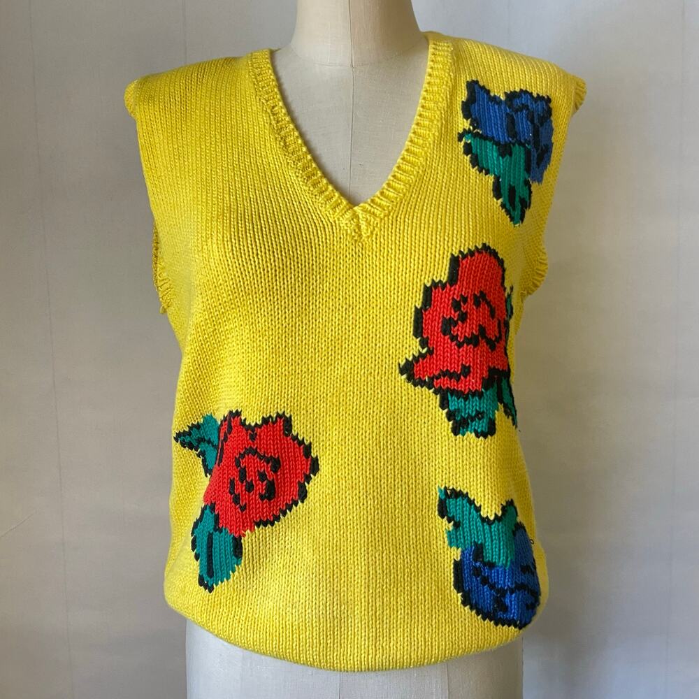Funky Vintage 80s Bright Colorful Yellow Floral Oversized Sweater Vest